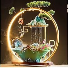 Tabletop Water Fountains, Indoor Water Fall with LED Light Zen Decor for Meditation with Mist, Japanese Decor with Fake Plants Feng Shui Decor for Good Luck Wealth