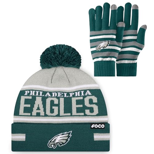 FOCO Philadelphia Eagles NFL Stretch Glove & Big Wordmark Stripe Pom Beanie - Bundle