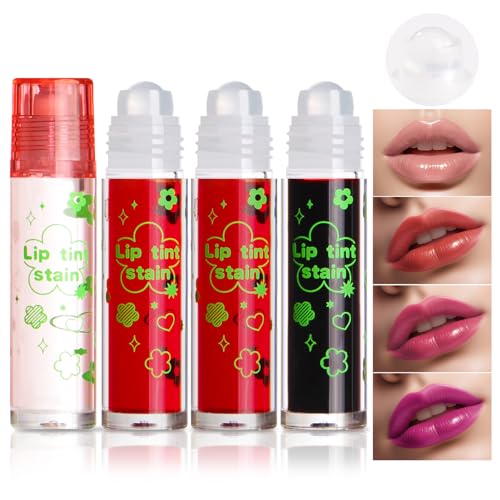 Prreal 4PCS Roll-On Lip Tint Stain Set, Highly Pigmented Lip Stain Lip Gloss, Multi-Function Lip Tint Blush Eyeshadow Lip Stains, Long-Lasting Moisturizing Lipstain with Clear Lip Oil (Set B)