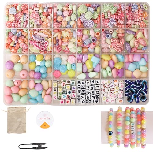 Image of ambitieux DIY Bracelet Making Kit - 800 + pcs 24 Colorful Beads, 10m Elastic Thread, Jute Bag, and Cutter - Gift for Girls Birthdays (Multicolor Mix 1)