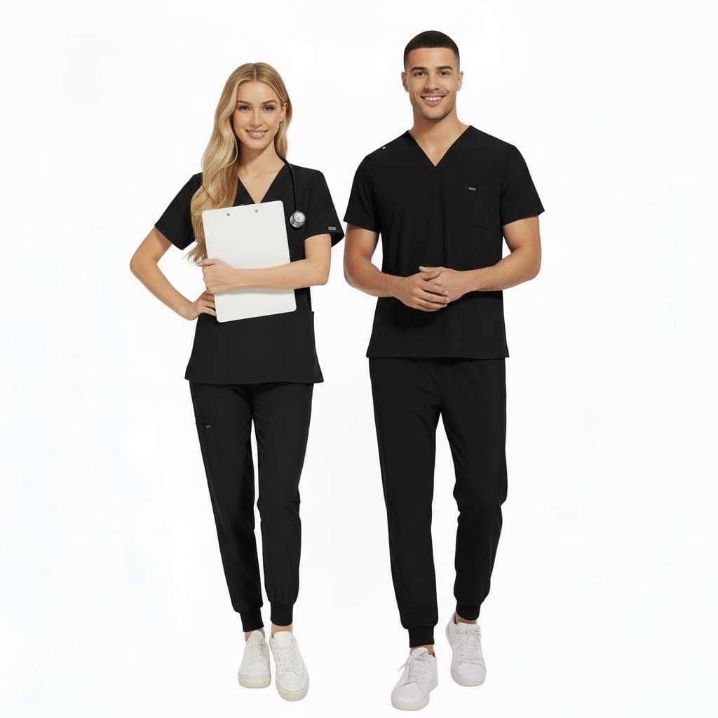 CK13 - Conjunto médico de manga corta con cuello en V y 3 bolsillos, pantalones elásticos que absorben la humedad, uniforme médico