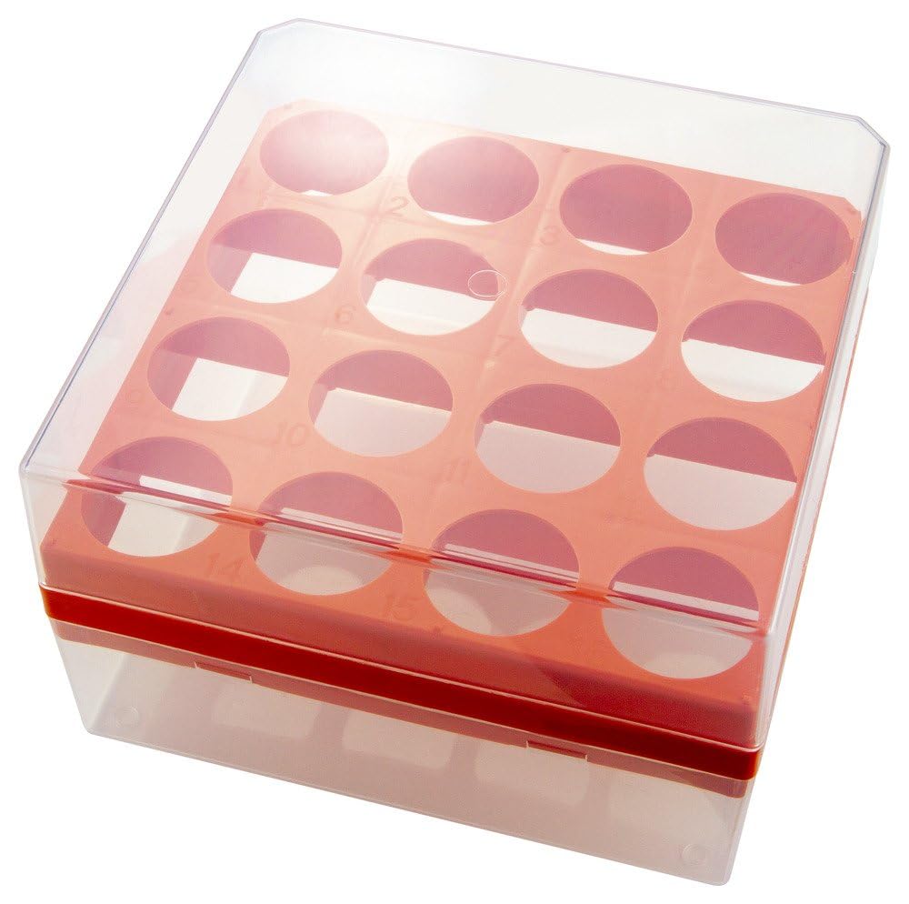 Caplugs Evergreen 240-6630-E3D – Centrifuge Tube Storage Boxes, 2 Pack, for use with 30 mL (1 oz.) Centrifuge Tubes, 16 Places, Distinct Numbering System, Polypropylene, Orange, Medical, Labware