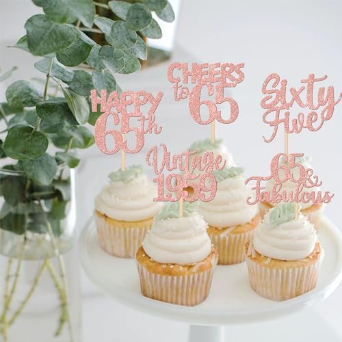 ZHUOWEISM 30 PCS Happy 65th Birthday Cupcake Toppers Glitter Sixtyfive 65 Fabulous Cheers to 65 Vintage 1958 Cupcake Picks 65th Birthday Wedding Anniversary Party Cake Decorations Supplies Rose Gold - 4