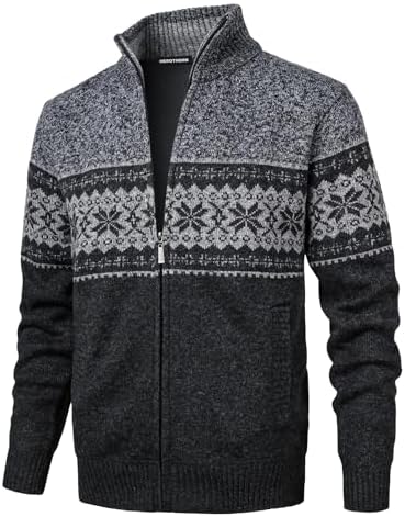 Herothorn Herren Full Zip Strickjacke Schneeflocken Muster Pullover Gestrickt Strickjacke Mit Taschen für lässige Weihnachten
