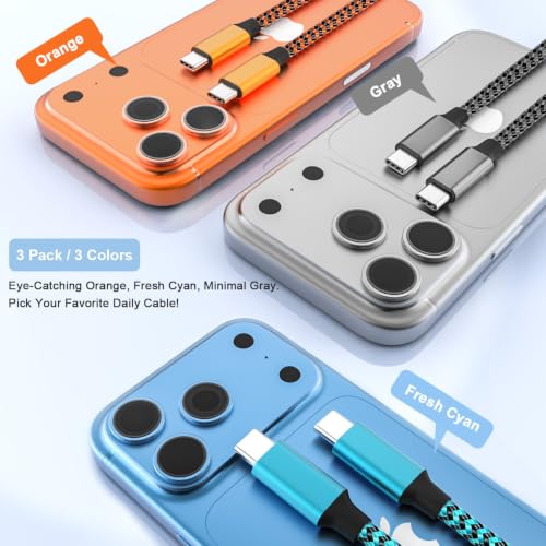 Exeric USB C to USB C Cable 60W Fast Charging Nylon Braided 3PACK 6FT - image 5