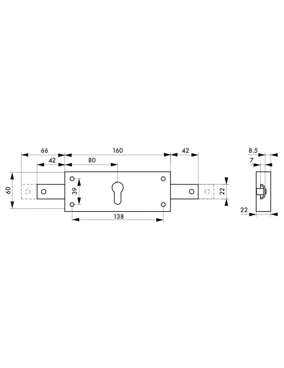 THIRARD - Caja de Cerradura Sobreponer para Cilindro de Persiana Metálica - 2 Puntos Laterales - Eje 80 mm - 160X60 mm - Zincado - Caja Acero Curvado - Mecanismo Pestillo - Gris