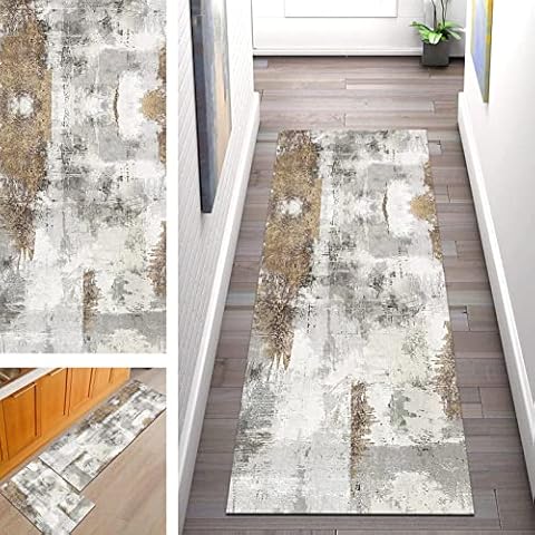 SGLGSTORE Runner Rug for Hallway Grey Gold Kitchen Non Slip Vintage Corridor Rugs Cover