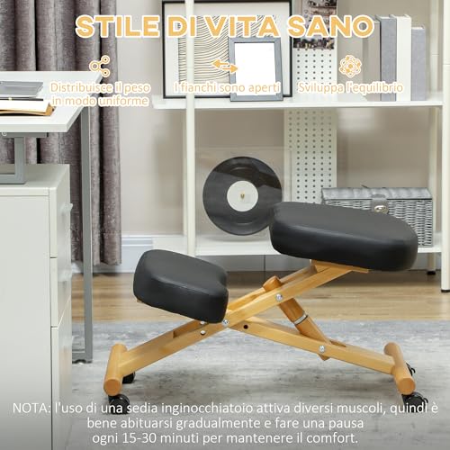 Sedia Ergonomica Inginocchiata con Altezza Regolabile, Sedia Posturale Ergonomica da Ufficio e Casa, Sgabello Inginocchiatoio Ergonomico in Legno con Ruote, Nero - Sedia gaming - Immagine 5