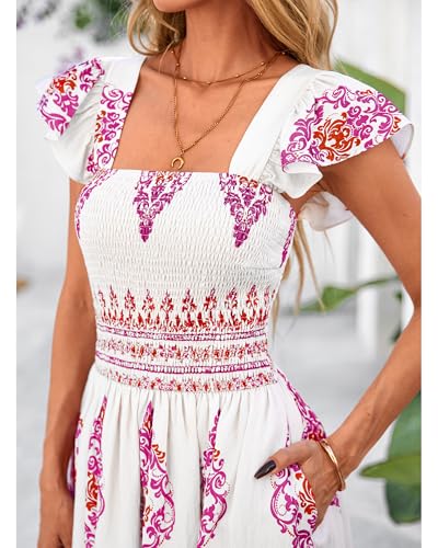 BTFBM Summer Dresses for Women 2025 Floral Smocked Boho Sleeveless Square Neck A Line Casual Beach Maxi Dress Pockets