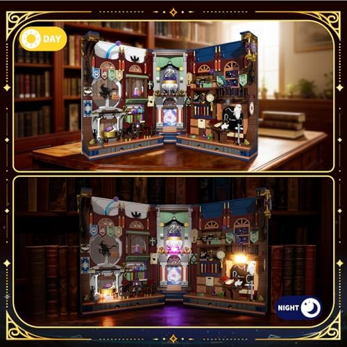NexBrixxi Magic World Building Set with LED Lights – Magic Academy Book Nook, Magic Street Book Nook & Wizard Hut Fantasy Building Kit, Bookshelf & Home Decor for Adults and Teens Ages 12+ - 4