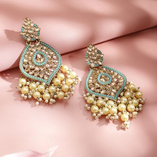 Image of Rubans Chandelier Earrings Kundan Pearl Traditional Jewellery Wedding Festive Gift for Women & Girls