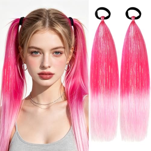 18" Colored Ponytail Extension with Hair Tie Ombre Pink 2 Packs
