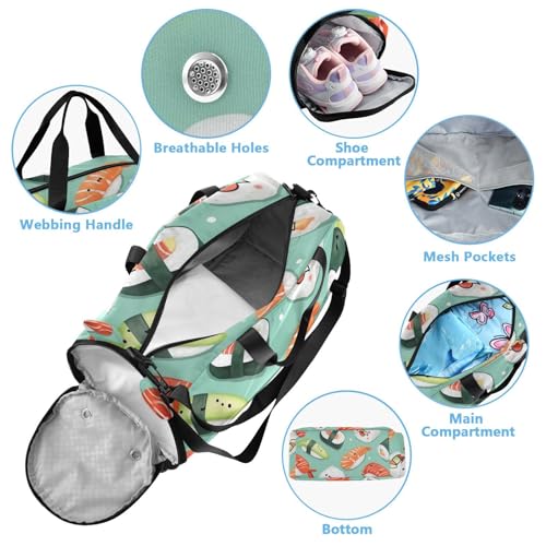 Sushi Pattern Green Duffle Bag for Girl, Sports Duffle Gym Bags with Shoe Compartment, Personalized Overnight Bag Travel Weekender for Kids3