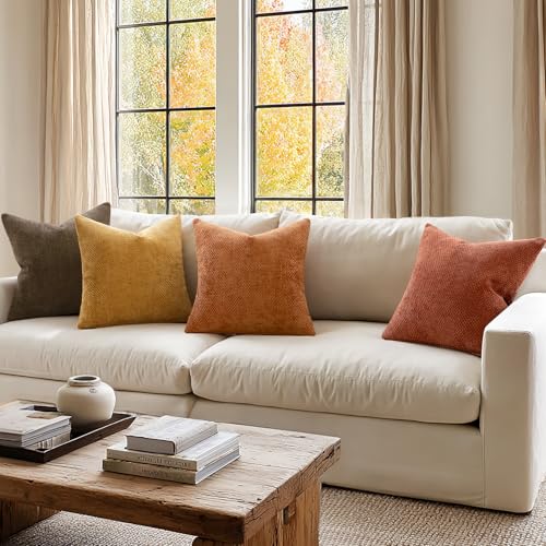 Image of MIULEE Pack of 4 Orange /Yellow Couch Throw Pillow Covers 20x20 Inch Halloween Soft Decorative Chenille Pillows Farmhouse Accent Cushions for Boho Home Decor Spring Sofa Bedroom Living Room