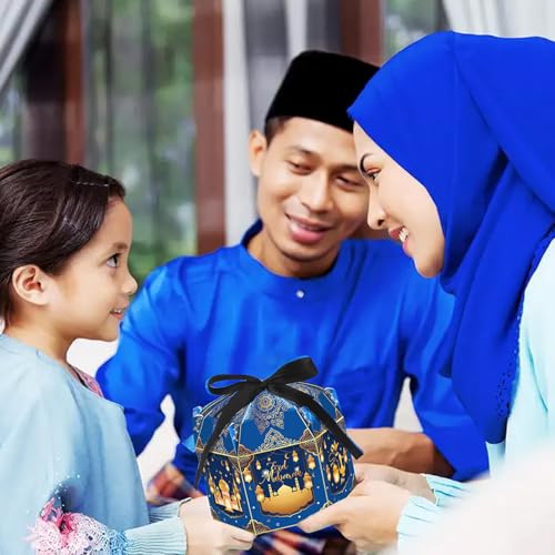 Jremreo 12 Pack Ramadan Eid Mubarak Treat Boxes - Gold Lantern and Moon Design, Hexagonal Paper Boxes with Ribbons, Muslim Holiday Party Candy Containers for Eid Al-fitr - Image 6