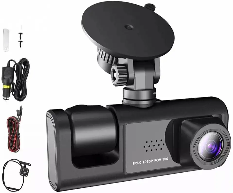 Câmera Veicular DVR 3 em 1, 1080P, Ângulo 130°, com Câmera Frontal, Interna e Traseira, Preta