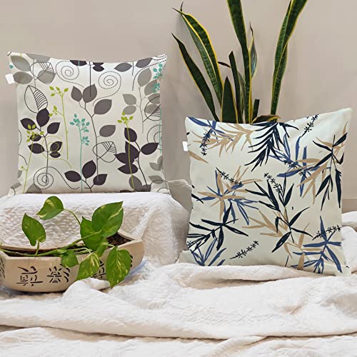 BRICK HOME Set of 2 Polycotton Printed Cushion Covers 24x24 Inches | Botanical Leaf Design | Navy Blue, Beige, Brown & Green | Soft Decorative Pillow Covers for Sofa, Couch & Living Room