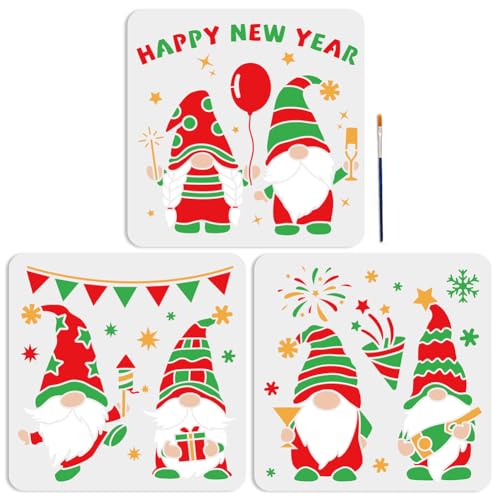 MAYJOYDIY 3pcs Happy New Year Gnome Stencil 11.8×11.8inch Reusable Christmas Gnome Stencils Fireworks Snowflakes Template with Paint Brush for Craft Wood Wall Home Decor