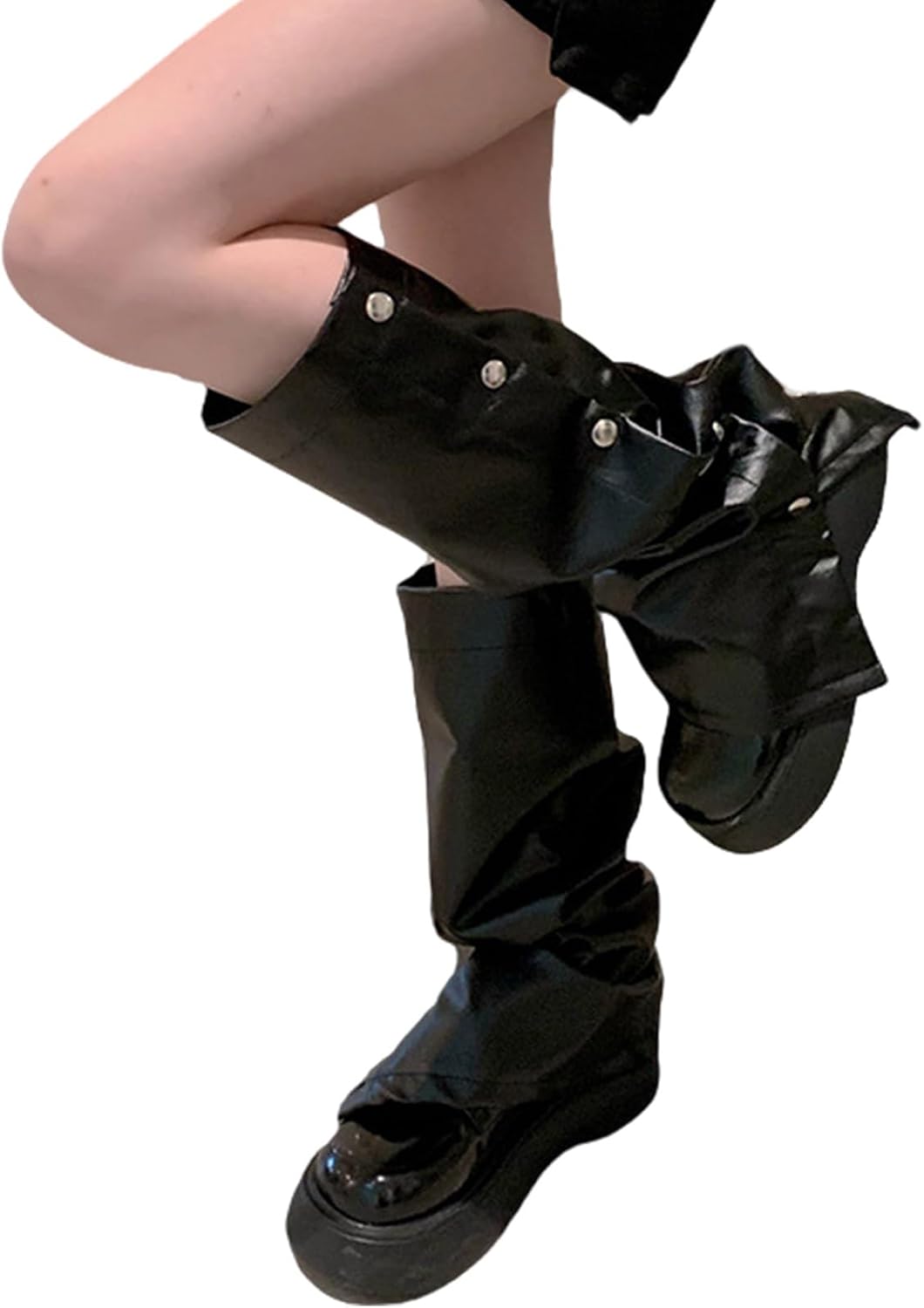Women Vintage Punk PU Leather Leg Warmers Side Buttons Baggy Grunge Gaiters Footless Socks Wide Boot Covers Gothic Punk Leg C
