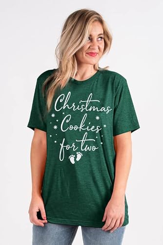 Fashgl Christmas Pregnancy Shirt Women Funny Christmas Cookies For Two T-Shirt Cute Pregnancy Announcement Tee Tops Green #TOP2