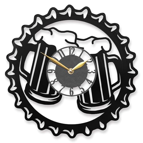 IndieClock Beer Bottle Cap Wall Clock – Unique Pub Decor, Beer Glass Design for Bars & Pubs, for Beer Lovers, Black
