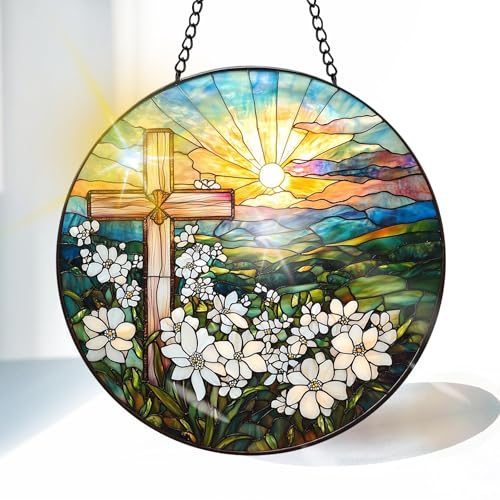 VAIIEYO Cross Sun Catcher Stained Glass Window Hanging Ornament, Handmade Sun Catcher Flower Religion Decoration with Hooks for Window Garden Home, Mother's Day & Birthday Housewarming Gift (7.8 inch)