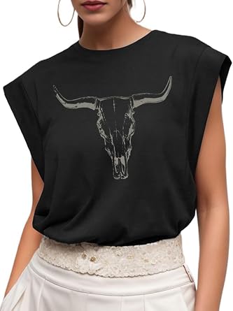 Boho Cow Skull Shirt for Women Cowgirl t Shirt Vintage Western Rodeo Graphic Tees Bull Skull Casual Top