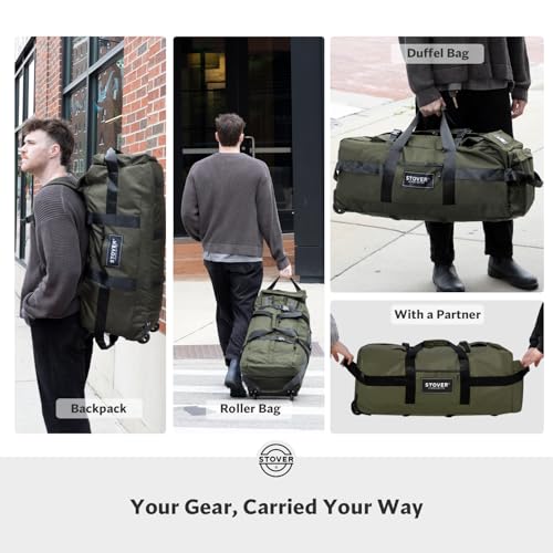 STOVER 45/80/100L Rolling Duffel Bag with Wheels, X-Large Durable Travel Duffle + Toiletry Bag, Heavy Duty, Packable with Shoulder Straps- Use as Luggage or Backpack, Men/Women (Green) by STOVER - Used condition - Image 4