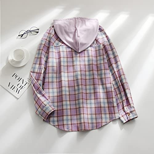 Nanjun Women's Cotton Plaid Hoodies Jacket Shirts Casual Long Sleeve Loose Button Down Shacket Jacket Coat Blouse Tops(Pink, M) #TOP1