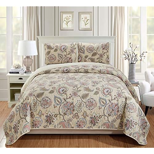Home Collection 3pc King/California King Bedspread Quilt Set Floral Beige Pink Blue Taupe Green Flowers Leaves Over Size New