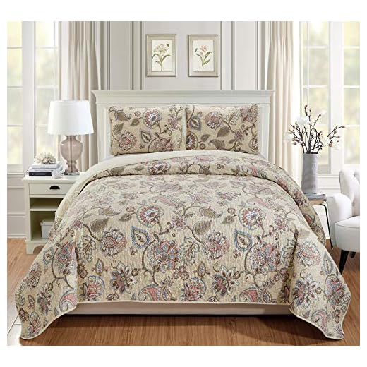 Better Home Style 3 Piece Beige Taupe Pink Green Blue Luxury Lush Soft Floral Flowers Paisley Printed Design Quilt Coverlet Bedspread Oversized Bed Cover Set # Hilton (Full/Queen)