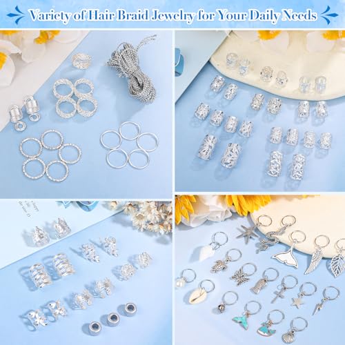 255 PCS Silver Hair Jewelry for Braids, 38 Styles Loc Jewelry Hair Charms for Women Men, Metal Silver Hair Cuffs Rings Clips for Dreadlock Accessories Hair Braids Jewelry Decorations(Silver)