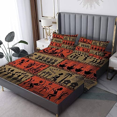 MPNVYU African Sheets King Size, Tribal Bed Sheets & Pillowcases 4 Piece Set, Deep Pocket Fitted Sheet & Flat Sheet & 2 Pillow Cases, Soft High Thread Count Decorative Bedding
