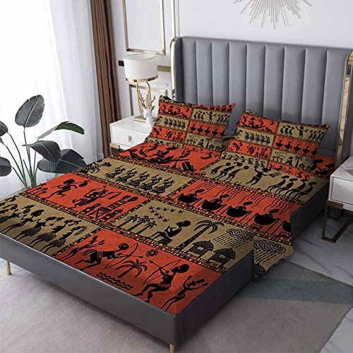 Mpnvyu African Sheets King Size, Tribal Bed Sheets & Pillowcases 4 Piece Set, Deep Pocket Fitted Sheet & Flat Sheet & 2 Pillow Cases, Soft High Thread Count Decorative Bedding #TOP2