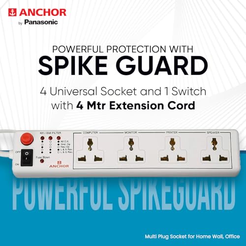 Anchor by Panasonic 4 way 6A International Socket with Single Switch | 4 Way Extension Board with 4 Mtr Extension Cord | Multi Plug Socket for Home... - Image 7