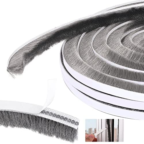 PERFETSELL Adhesive Brush Weather Stripping Tape, 5m(L)x 9mm(W)x 23mm(T) High Density Felt Door Brush Strip Dustproof Door Seal Strip Draught Excluder Draft-Air Stopper for Sliding Sash Window (Gray)