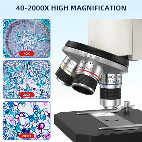 HUTACT Mikroskop für Kinder Erwachsene Anfänger: 40-2000X Compound Biologie Mikroskop mit Slide Kit und Aufbewahrungskoffer - für Science Explore Education