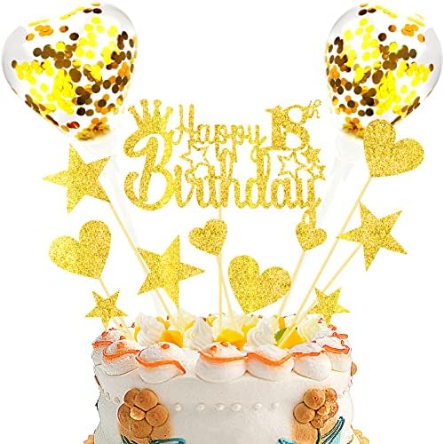 DKBT Cake Decorations 13 Pcs Happy Birthday Cake Toppers Rose Gold Cupcake Topper with Confetti Balloon Acrylic Banner Star Fireworks Paper Fan for Women Girls Birthday Party Anniversary Decor