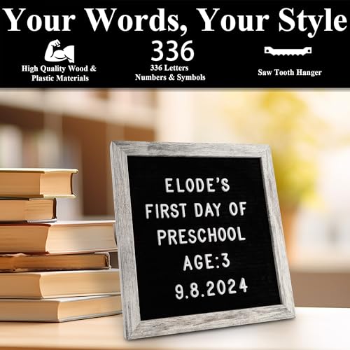 C CRYSTAL LEMON Felt Letter Board 10x10 Inches – 336 Letters, Numbers & Symbols – Rustic Black Message Board with Wood Frame, Wall Mount & Display Stand