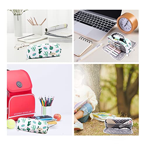Image of MAMUNU Big Capacity Pencil Pen Case, 3 Compartments Large Storage Canvas Pencil Pouch with Zipper, Green Cactus Design Aesthetic Pencil Pouch For Office School