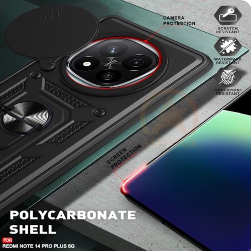 Image of Armor Bumper Back Cover Case for Redmi Note 14 Pro Plus 5G Rotating Camera Cover, Ring Holder & Kickstand | Heavy Duty & 360 Degree Protection Redmi Note 14 Pro Plus 5G Back Cover (Black)