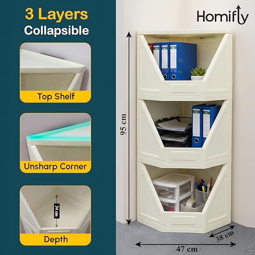 Image of HOMIFLY 3 Tier Corner Storage Cabinet /Stackable Plastic Cupboard for Storage /Foldable Wardrobe for Clothes /Toys Storage Organizer /Cabinet for Kitchen, Bathroom, Living Room (White)