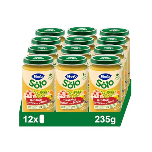 Hero Baby Tarrito Infantil - Tarritos de Guisantes Tiernos con Jamón, Sin Aceite de Palma, Sin Sal Añadida, Para Bebés desde 6 meses, Ingredientes 100% naturales, 235 g (Paquete de 12)