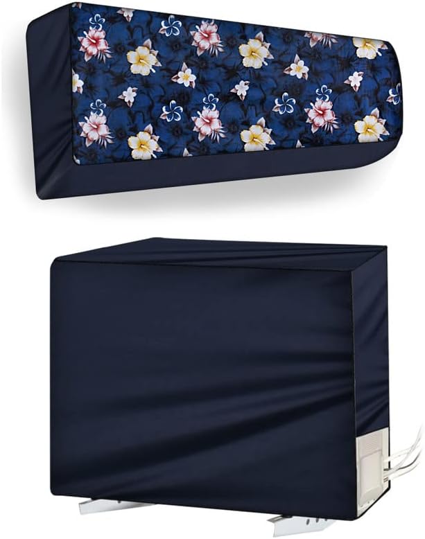 The Furnishing Tree Split AC Cover set of Indoor and Outdoor Unit used for 1 Ton VOLTAS 123 DZX Floral Pattern Blue on Blue base