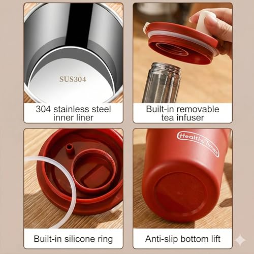 Image of Tea Infuser Travel Mug with Stainless Steel Filter & Straw, Leakproof Insulated Coffee Tumbler for Car Cup Holders, Double Wall Water Bottle, 600ML - Ruby Red