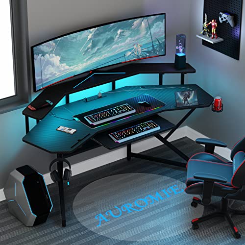 Auromie 72" Gaming Desk With Power Outlet & Led Strip, Large Wing-Shaped Computer Desk With Monitor Stand & Keyboard Tray & Rgb Mouse Pad, Studio Desk With Storage Shelf Headphone Hook Cup Holder #TOP1