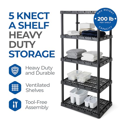 Gracious Living XL Heavy-Duty Storage Shelves, Knect-A-Shelf 5-Shelf Ventilated Storage Shelving Rack for Home Organization, Black