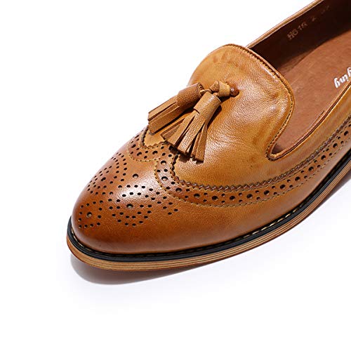 Image of Mona flying Women's Leather Tassel Loafers Slip on Brogue Flat Office Shoes