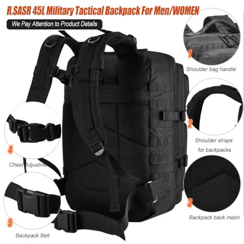 R.SASR 45L Black Tactical Backpack