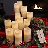 Set of 12 Ivory 3x6 Wax Remote Controlled Battery Operated Flickering Candles with Remote and Batteries (Ivory, 12pk)